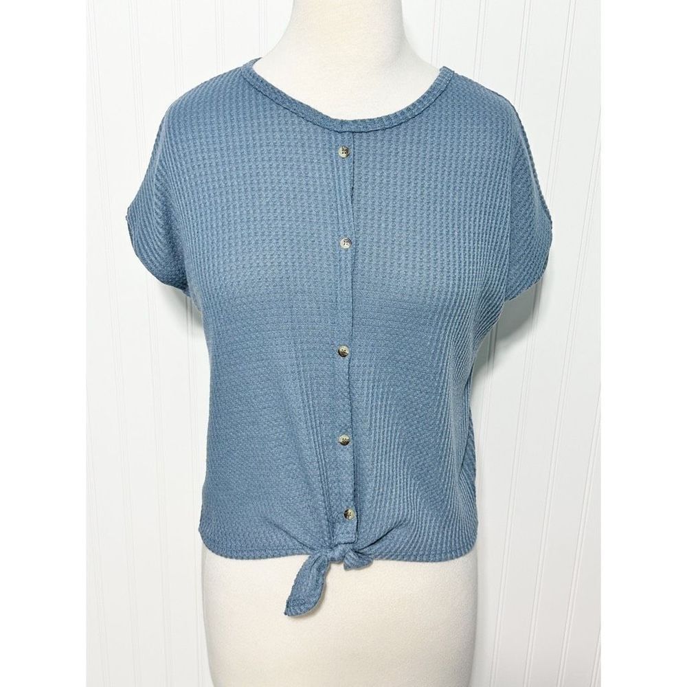 Crown of Hearts Women's Salina Tie‎ Front Button-Down Waffle Knit Top Blue Large